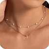 2Pcs 304 Stainless Steel & White Plastic Imitation Pearl Letter Pendant Double Layer Necklaces FS-WG86091-10-1