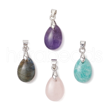 4Pcs 4 Styles Natural Labradorite & Amazonite & Rose Quartz & Amethyst Teardrop Charms PALLOY-JF03589-1
