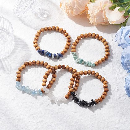 5Pcs Natural Quartz Crystal & Lapis Lazuli & Black Onyx & Amazonite & Aquamarine Chip Beads & Wood Round Beads Bracelet Set BJEW-JB11844-1