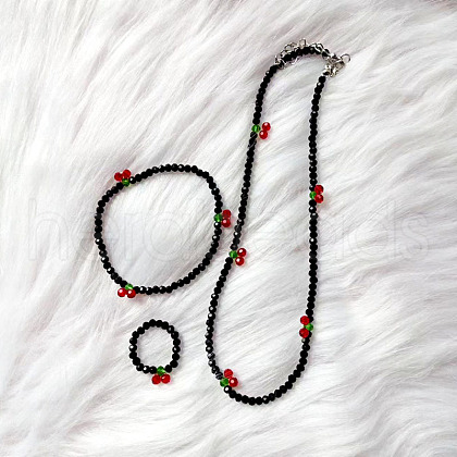 Cherry Glass Beaded Necklaces & Charm Bracelets & Rings Sets FS-WG8A581-03-1