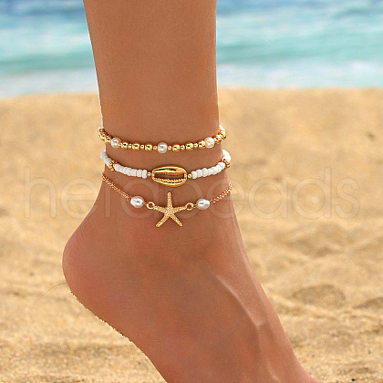 Bohemian Style Imitation Pearl & Glass Seed Beaded Alloy Charm 3 Layer Anklets for Women FS-WG66C6F-02-1