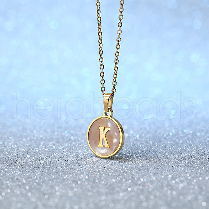 Flat Round Stainless Steel Pave Natural White Shell Initial Pendant Necklaces for Women FS-WG6FA45-11-1