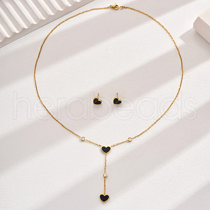 18K Gold Plated Stainless Steel Heart Lariat Necklace & Stud Earrings UP6730-1