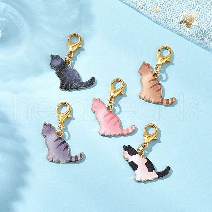 5Pcs 5 Colors Cat Shapes Alloy Enamel Pendant Decorations HJEW-JM03029-1