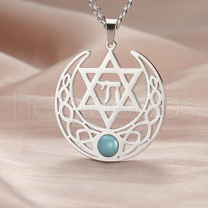 304 Stainless Steel Pave Synthetic Turquoise Hollow Star of David and Chai Pendant Necklaces for Women FS-WG8BC02-01-1