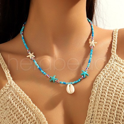 Summer Beach Natural Shell Pendant Glass Seed Beaded Necklaces for Women FS-WGEF253-01-1