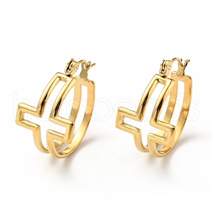 Ion Plating(IP) 304 Stainless Steel Cross Hoop Earrings for Women EJEW-G293-02G-1