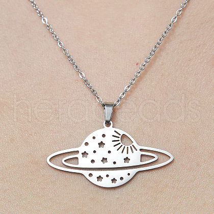 201 Stainless Steel Hollow Planet Pendant Necklace NJEW-OY001-75-1