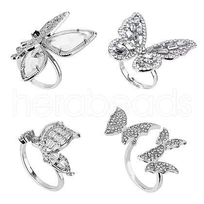 FIBLOOM 4Pcs 4 Style Rhinestone Butterfly Open Cuff Rings Set RJEW-FI0001-14-1
