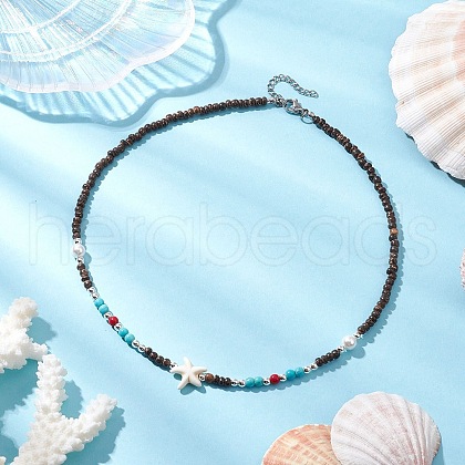 Summer Beach Synthetic Turquoise & Natural Coconut Beaded Neklaces NJEW-JN05208-01-1