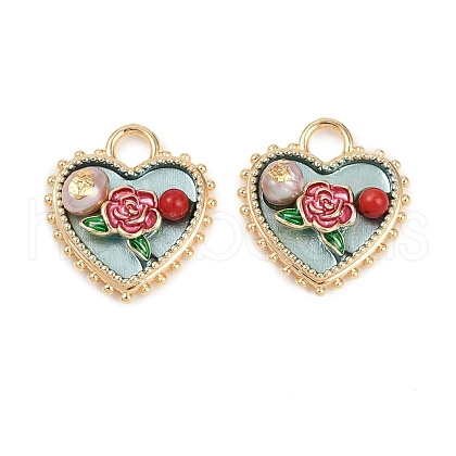 Brass Enamel & Natural Pearl Heart with Rose Flower Pendants KK-K351-49G-02-1