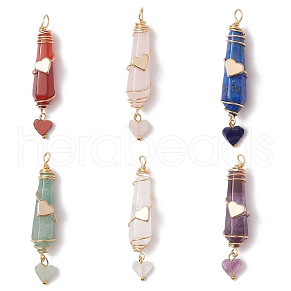 6Pcs 6 Styles Natural Carnelian & Green Aventurine & Rose Quartz & Quartz Crystal & Lapis Lazuli & Amethyst Copper Wire Wrapped Faceted Bullet Heart Pendants PALLOY-JF03482-02-1