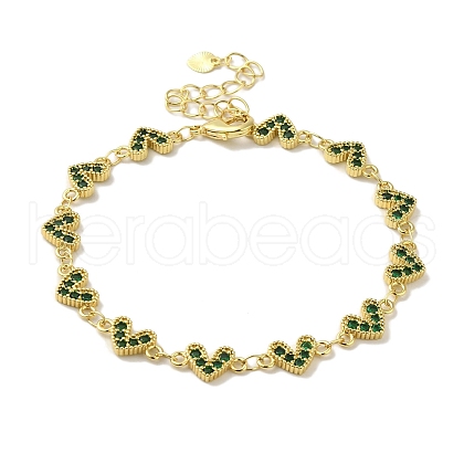 Rack Plating Brass Micro Pave Cubic Zirconia Heart Link Chain Bracelets for Women BJEW-P323-09G-04-1