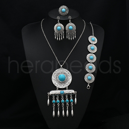 Flat Round Alloy with Resin Pendant Necklace & Stud Dangle Earring & Link Bracelet & Ring FS-WGB1F06-12-1