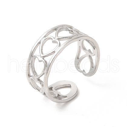 Non-Tarnish 304 Stainless Steel Hollow Out Heart Open Cuff Ring for Women RJEW-E063-19P-1