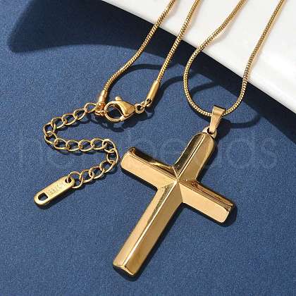 304 Stainless Steel Cross Pendant Snake Chain Necklaces NJEW-S442-06G-1