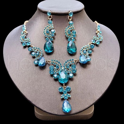 Teardrop Alloy Rhinestone Pendant Necklaces & Stud Earrings Sets FS-WG537BF-09-1