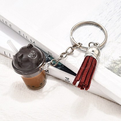 Faux Suede Tassel & Imitation Bubble Tea/Boba Milk Tea Resin Keychain KEYC-JKC01203-02-1