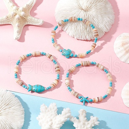 3Pcs Natural Freshwater Shell Beaded Stretch Bracelets BJEW-JB11804-1