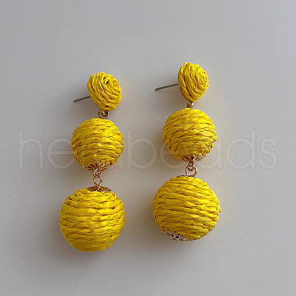 Alloy Raffia Round Beaded Dangle Stud Earrings FS-WG4318B-03-1
