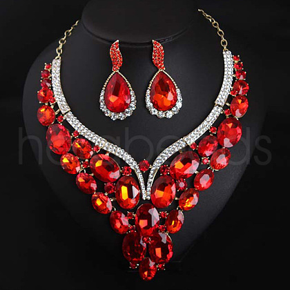 Teardrop Alloy Glass Stud Earrings & Bib Necklaces Sets for Women FS-WGC29D0-02-1