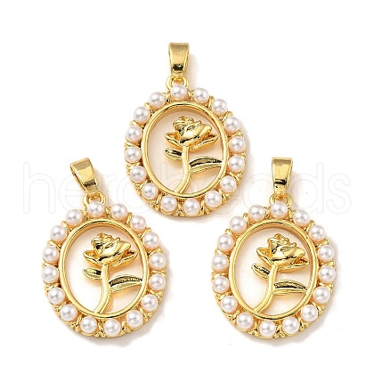 Flower Brass Pave Natural White Shell Oval with Rose Flower Pendants KK-M325-01G-1