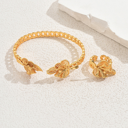 Luxurious Middle Eastern Style Brass Leaf Design Cuff Ring & Bangle Set for Women QG0212-1