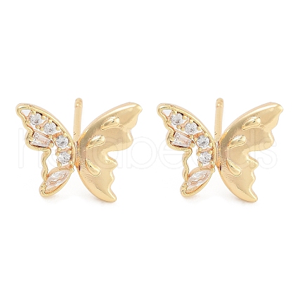 Butterfly Brass Pave Clear Cubic Zirconia Stud Earrings for Women EJEW-S216-03G-1