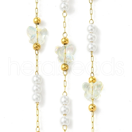 10M Ion Plating(IP) 304 Stainless Steel & ABS Plastic Pearl Bead & Butterfly Glass Link Chains CHS-G035-04G-06-1