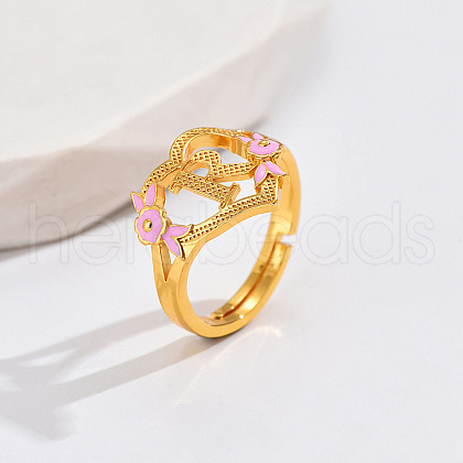 Heart & Flower Brass Pearl Pink Enamel Adjustable Finger Rings FS-WG8B9BA-16-1