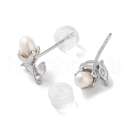Mother's Day Jewellery Natural Pearl and Cubic Zirconia Stud Earrings for Women EJEW-C083-05P-1