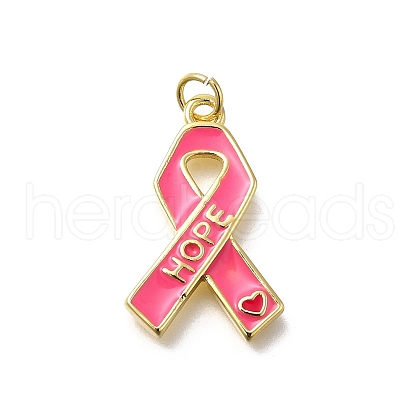 October Breast Cancer Pink Awareness Ribbon Brass Enamel Pendants KK-S517-04H-G-1