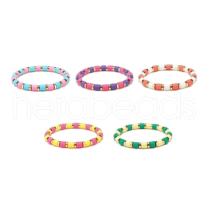 5Pcs 5 Colors Column Polymer Clay Stretch Beaded Bracelets BJEW-JB08765-1