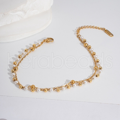 Elegant Stainless Steel & Imitation Pearl Double Layer Link Chain Anklets HM7489-6-1