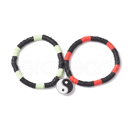 2Pcs 2 Colors Handmade Polymer Clay Beaded Stretch Bracelet Sets BJEW-JB10825-1