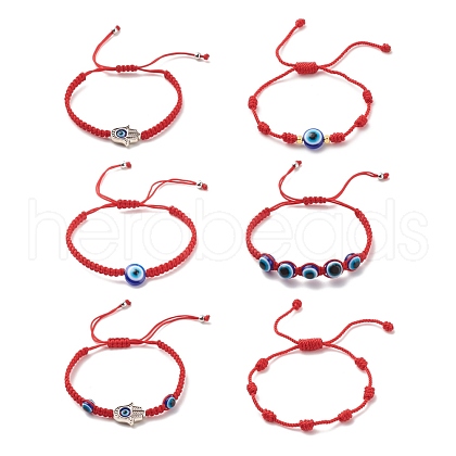 6Pcs 6 Style Alloy Hamsa Hand & Resin Evil Eye Braided Bead Bracelets Set BJEW-JB08370-1