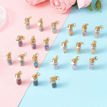 21Pcs 7 Styles Chakra Natural & Synthetic Gemstone Chips inside Glass Wishing Bottle Pendant Decoration HJEW-JM03307-1