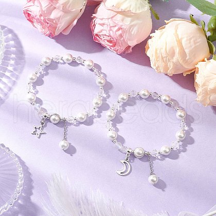 2Pcs Shell Pearl & Glass Round Beaded Bracelets BJEW-JB11857-1