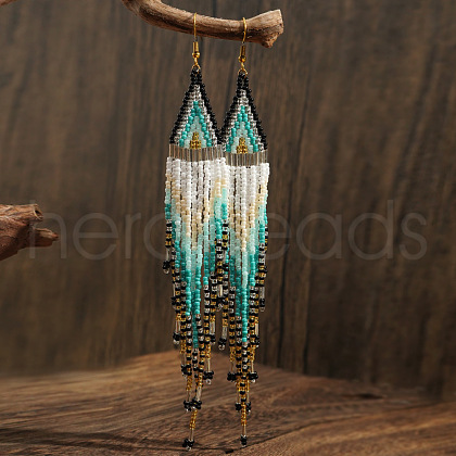 Bohemian Style Handmade Beaded Rhombus Tassel Dangle Earrings DI0122-1