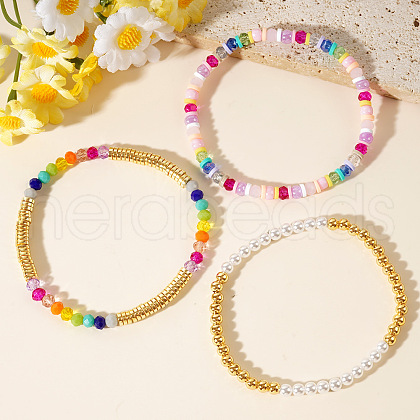 3Pcs Glass & Brass Bead Stretch Bracelets Sets PP8938-1