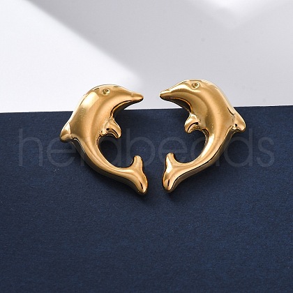 304 Stainless Steel Dolphin Stud Earrings EJEW-R028-01G-1