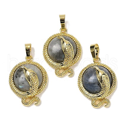 Natural Labradorite Flat Round Shaped Brass Pendants KK-F887-03G-27-1