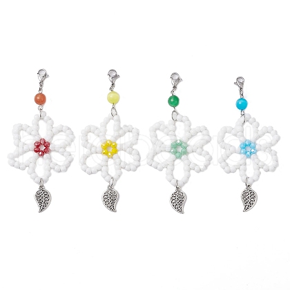 4Pcs 4 Colors Flower Glass & Cat Eye Beaded Pendant Decoration HJEW-TA00296-1