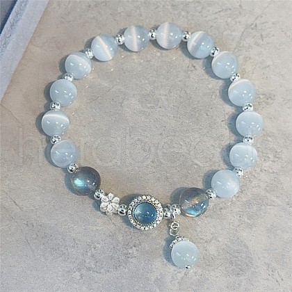 Flower Alloy & Cat Eye & Natural Aquamarine Round Beaded Charm Bracelets for Women WG9D4EC-11-1