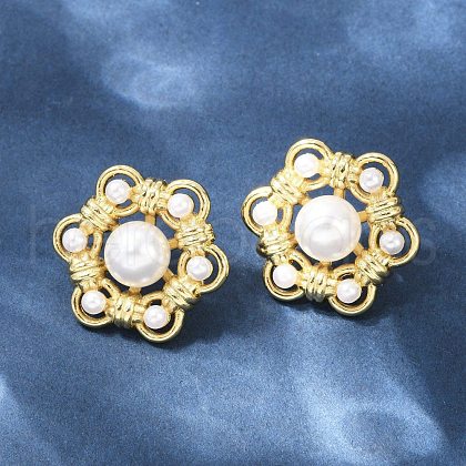 Flower Brass ABS Imitation Pearl Stud Earrings EJEW-M082-09G-1