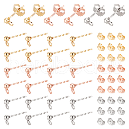Unicraftale 60Pcs 3 Color 304 Stainless Steel Ball Stud Earring Post with Loop FIND-UN0001-14-1