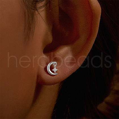 Moon with Star 925 Sterling Silver Micro Pave Clear Cubic Zirconia Cartilage Earrings FS-WGA2317-04-1