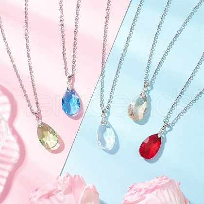 Glass Faceted Teardrop Pendant 304 Stainless Steel Cable Pendant Necklaces for Women NJEW-JN05297-1