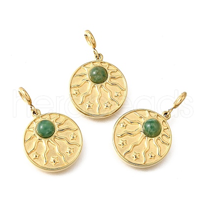304 Stainless Steel Pave Natural African Jade Sun Pendant Decorations STAS-H202-25G-1