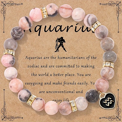 12 Constellations Natural Zebra Jasper Round Beaded with Enamel Heart Charm Bracelets WGB6967-01-1